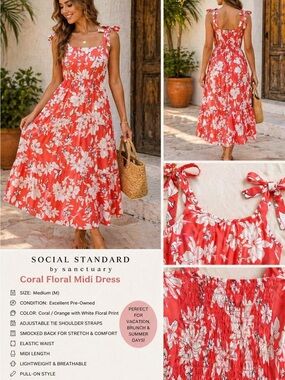 Social Standard Sanctuary Coral Floral Midi Dress Tie Strap Smocked Back M